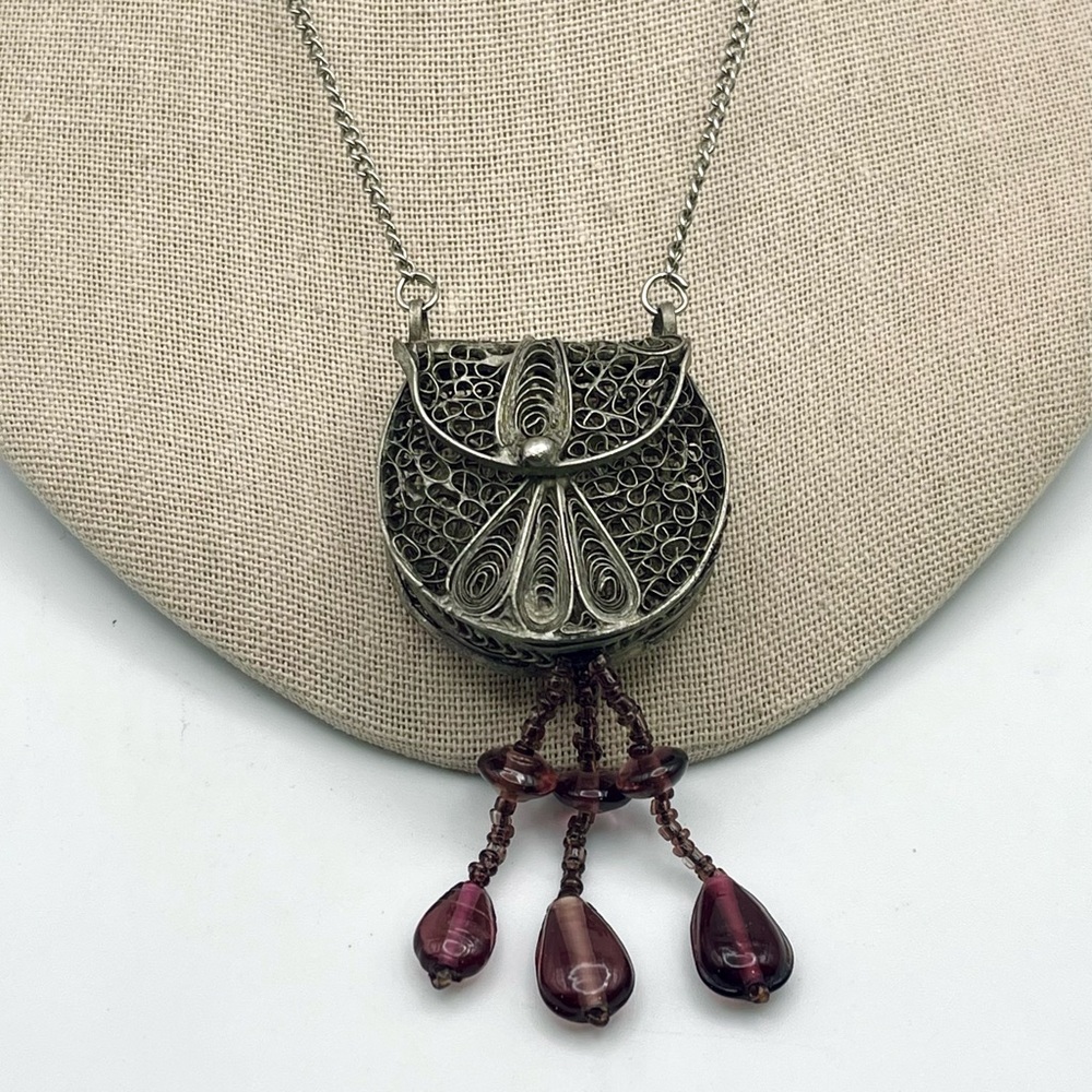 Antique Silver Filigree Purse Pendant Necklace With Amethyst Accents - Picture 4 of 15